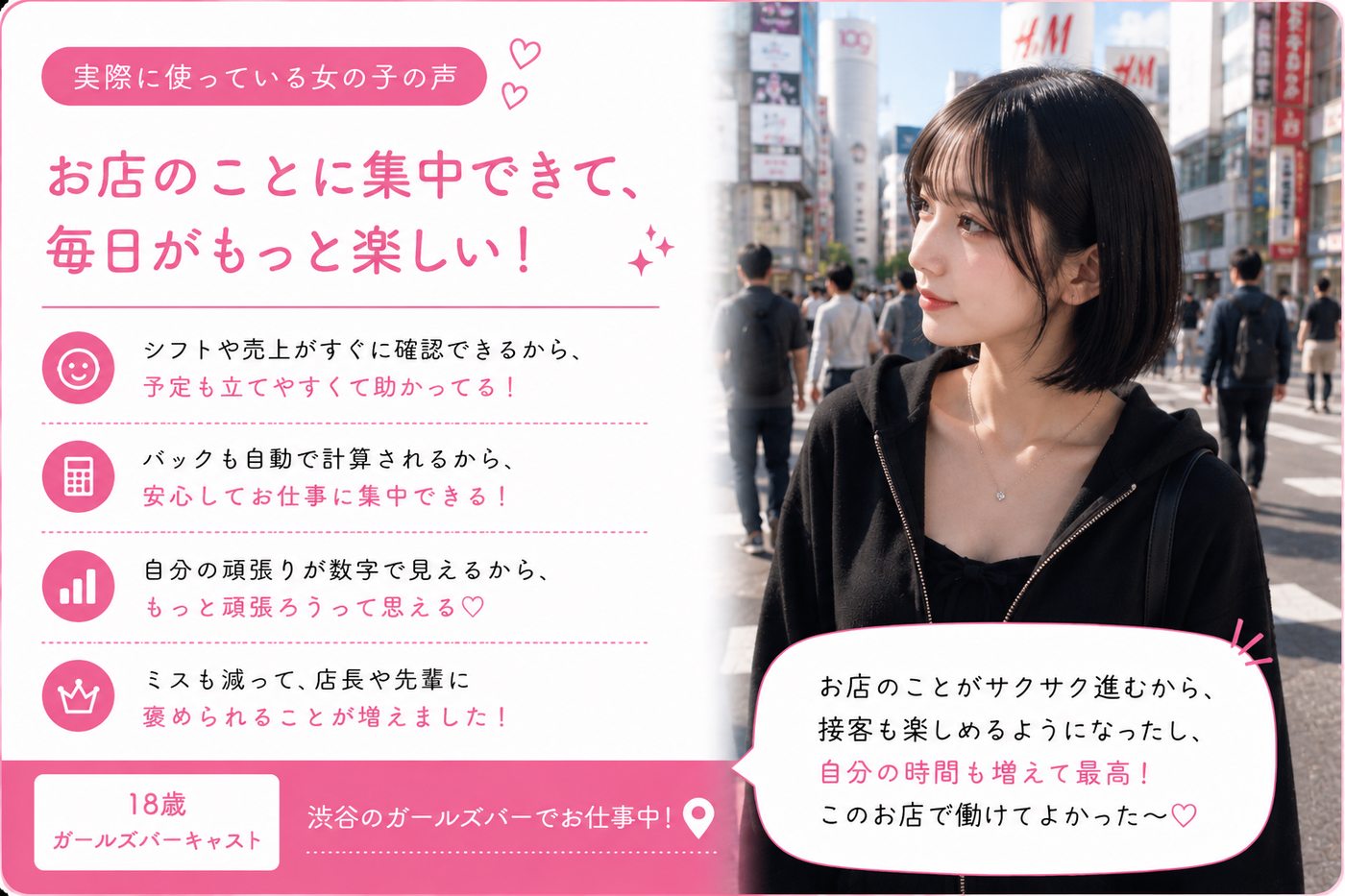 ガールズバーキャスト・渋谷・18歳の声:お店のことに集中できて、毎日がもっと楽しい。シフトや売上がすぐに確認できて予定も立てやすい。バックも自動で計算されるから安心してお仕事に集中できる。ミスも減って店長や先輩に褒められることが増えた。